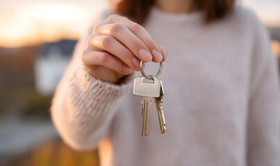 real estate agent holding keys in front of their new house during sunse