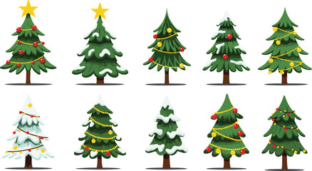 Collection of ten cartoon Christmas trees with snow and ornaments holiday winter