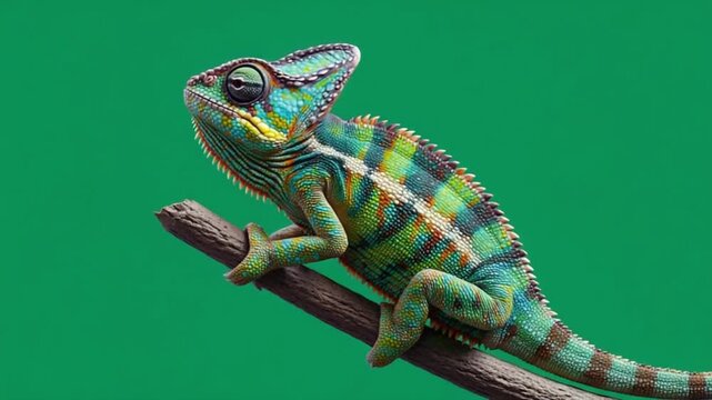 A colorful chameleon perched on a branch against a vibrant green background in a close up view chameleon green screen video