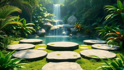 Stepping stones lead to a serene waterfall in a lush tropical garden