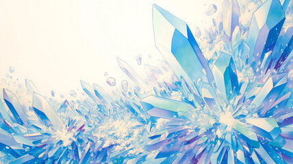 輝く結晶の世界、ファンタジーな鉱石の集合体、透明感と光の魔法が描く幻想風景、空想鉱山のアート、幻想的で抽象的なクリスタル背景素材