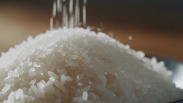 Realistic cinematic video of white steamed rice with natural sea salt crystals sprinkled on it