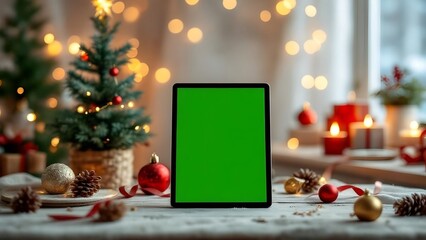 Christmas Tablet Mockup with Green Screen on Festive Holiday Background