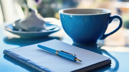 A person's morning routine with a cup of coffee and a notebook on a table