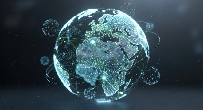 futuristic digital globe with interconnected networks and glowing data points representing global