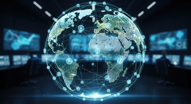 digital globe with interconnected data points and network connections representing global