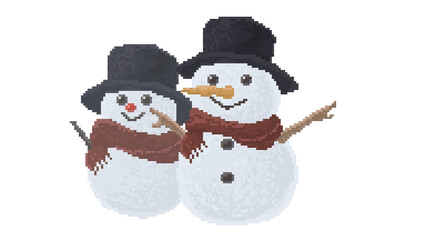 Pixel Art Snowman Couple with Top Hats and Scarves - Two 8-Bit Snowmen Characters of Different Sizes - Retro Game Icon of Snowmen Friends or Family