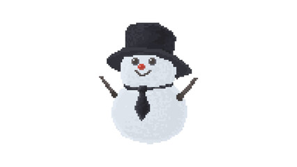 Pixel Art Snowman with Top Hat and Tie - Elegant 8-Bit Snowman Character Icon - Cute Retro Game Winter Snowman with Accessories