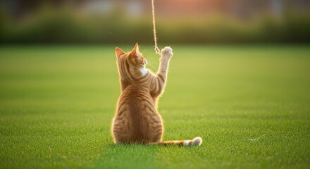 A ginger cat joyfully reaches for a string, playing in a vibrant green meadow. The golden sun bathes the scene