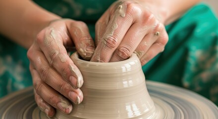 Close-up of hands shaping clay on a pottery wheel, crafting a ceramic vessel
