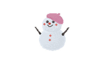 Cute Pixel Art Snowman with Pink Beret and Blush - Feminine 8-Bit snowgirl Character Icon - Sweet Retro Winter Snowman with Rosy Cheeks