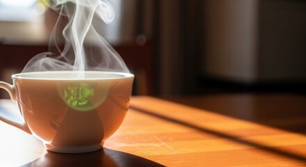 Steaming white cup of beverage on a wooden table, with sunlight and blurry background