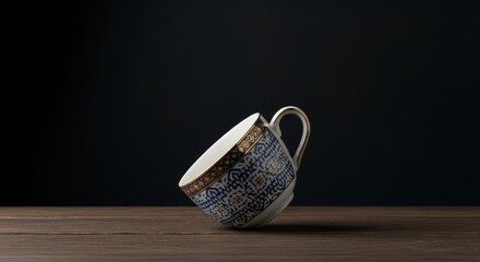 Delicate porcelain cup with intricate blue and gold patterns, tilted on wood