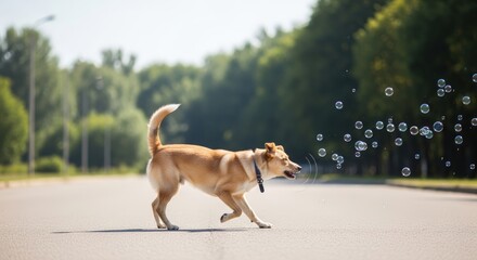 A happy dog runs enthusiastically on an empty road, chasing bubbles in a sunlit park