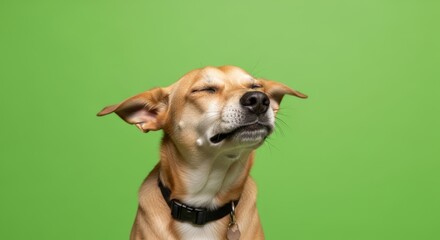 Close-up of a brown dog with closed eyes and a slight grimace against a green backdrop