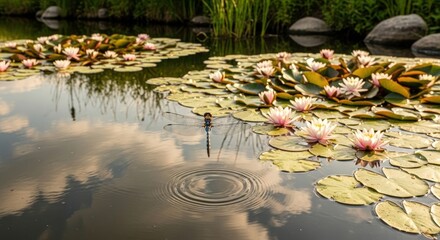 Serene pond with floating lily pads and delicate pink blooms, ripples. Reflection of sky, dragonfly