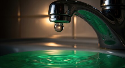 Close-up of a faucet dripping water. Ripples spread over the green surface below