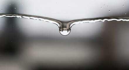 Close-up of water droplet forming and hanging down, suspended by surface tension