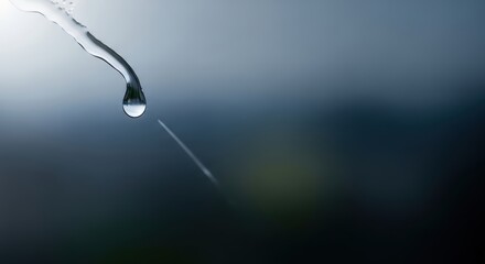 Close-up of water droplet falling from ice, against a blurred, dark backdrop