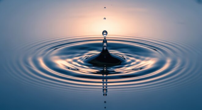 Stunning close-up of a water droplet creating ripples on a calm water surface with a soft, warm background glow