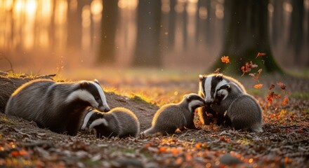 A family of badgers in a forest, bathed in golden sunlight