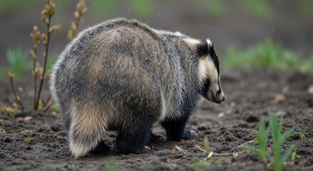 Close-up of a badger walking on damp soil, rain falling. Brown, gray fur