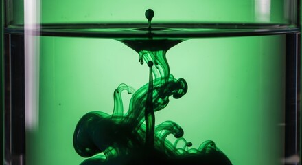 Artistic macro shot of green ink dropping into water creating swirling patterns