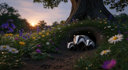 Family of badgers in a burrow surrounded by flowers at sunset