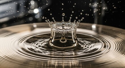 Close-up of water droplet impact, forming a crown shape on a cymbal