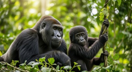 A majestic silverback gorilla watches over a young gorilla in lush green foliage