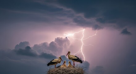 Storks in their nest are struck with lightning in an awe-inspiring weather moment