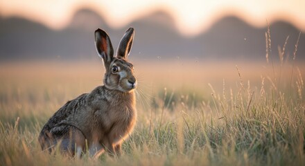 A majestic brown hare sits gracefully in tall, golden grasses, bathed in soft, warm light