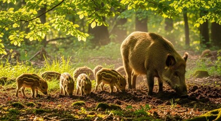 Mother boar with piglets foraging in a sunlit forest, surrounded by lush foliage
