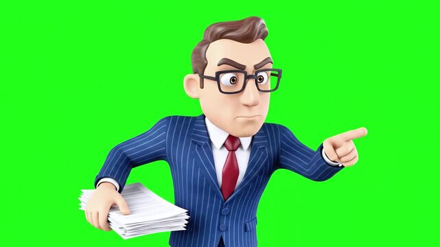 Cartoon businessman in a pinstripe suit, holding papers, pointing to the right on a green screen