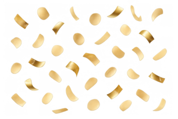 Golden foil confetti falling, shimmering festive elements for celebration, party, and event backgrounds on transparent