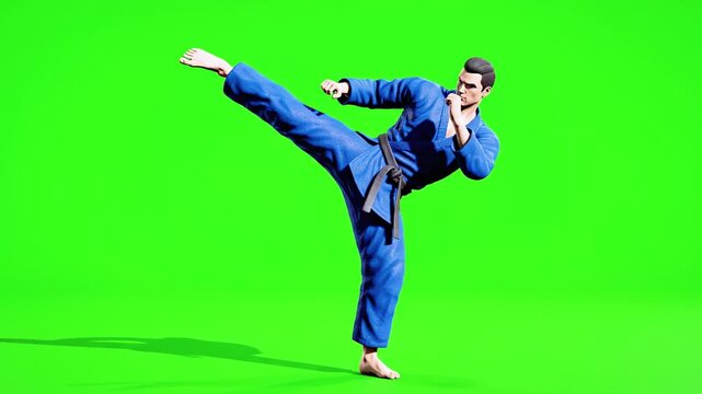 A male martial artist in blue gi executes a high kick against a vibrant green backdrop