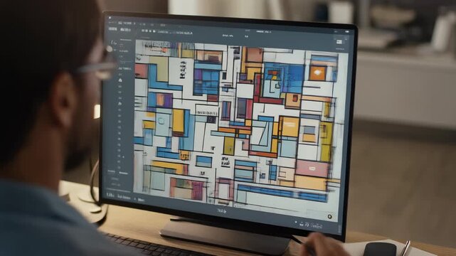 A person working on a computer monitor displaying a colorful architectural floor plan design.