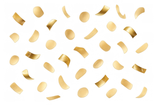 Golden foil confetti falling, shimmering festive elements for celebration, party, and event backgrounds on transparent