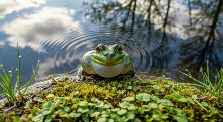 Close-up of a green frog in water. It is smiling and the water reflects the sky