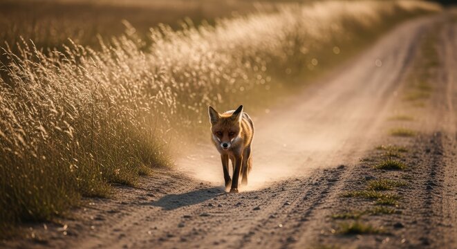 A fox strides confidently down a dusty path, sunlit grasses on either side. Dust swirls, creating a hazy, golden glow - Powered by Adobe