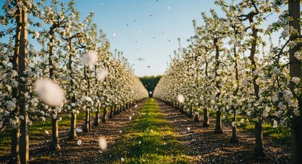 Rows of blossoming trees with white flowers in an orchard, petals falling