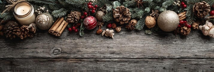 Wooden table with a bunch of Christmas decorations on it