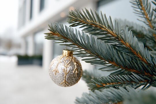 Christmas tree with a gold and silver ornament hanging from it - Powered by Adobe