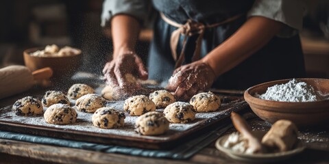 Woman is making cookies and has a bowl of powdered sugar on the table