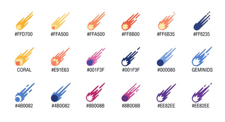 Collection of stylized colorful comets and meteor icons with vibrant trails isolated © Azrha