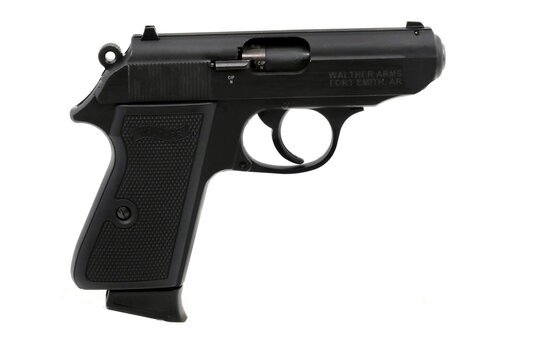 Walther PPK/S automatic pistol used by 007 James Bond. James Bond was a popular spy character in the movies and literature. The pistol was first introduced in 1929 by German Karl Walther.