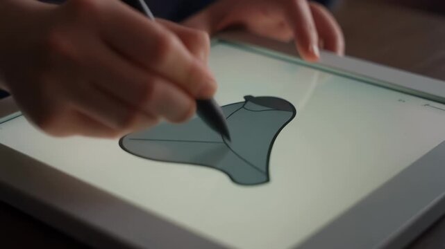 Close-up of hands using a stylus to draw a shoe pattern on a light tablet.