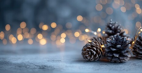 Close-up of pine cones with fairy lights on a soft blue background, creating a festive ambiance