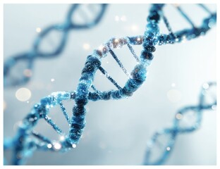 Artistic depiction of a DNA double helix, rendered in blue hues, with bokeh and particles