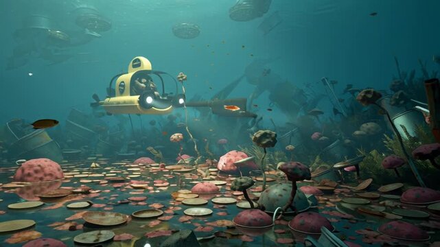 Yellow submarine exploring underwater world filled with debris and marine life